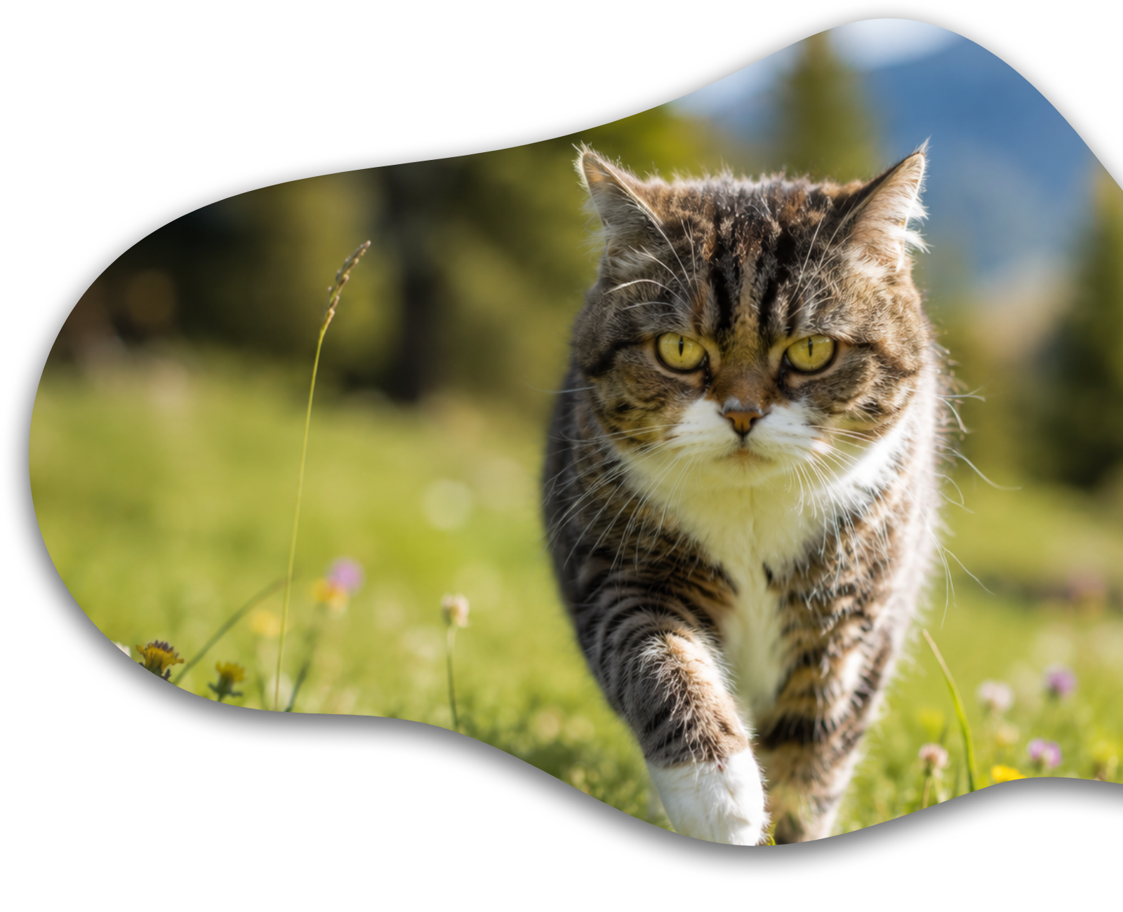 Katze läuft aufmerksam über eine Wiese bei Tiertherapie Zietz in Herzberg am Harz