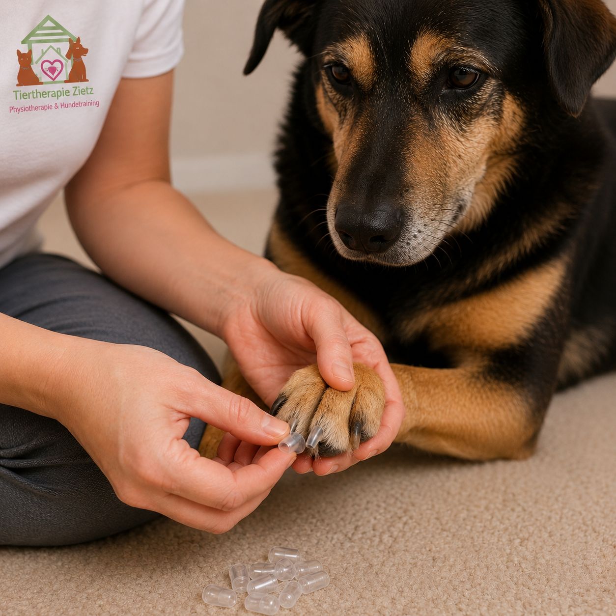 Hund trägt Krallenkappen für mehr Halt auf glatten Böden – Empfehlung von Tiertherapie Zietz Herzberg am Harz
